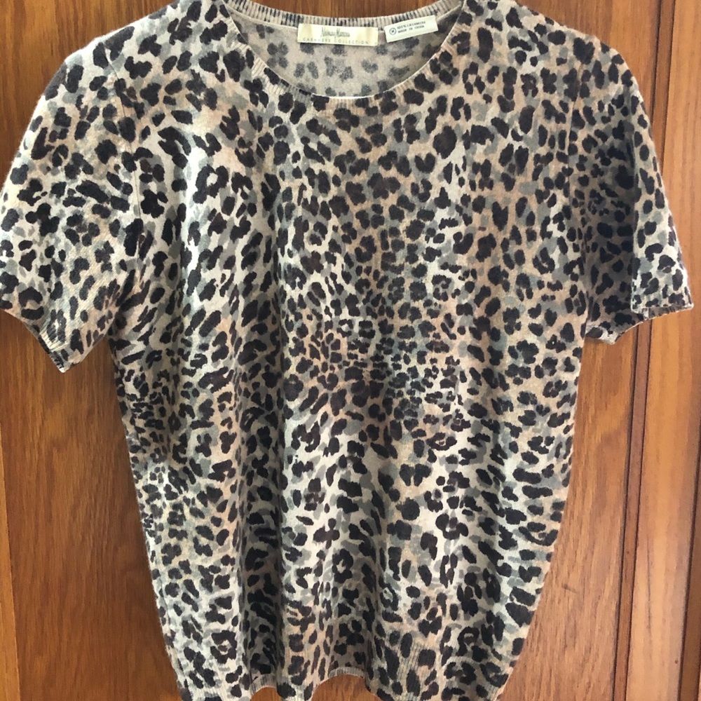 Leopard cashmere Neiman Marcus sweater tee